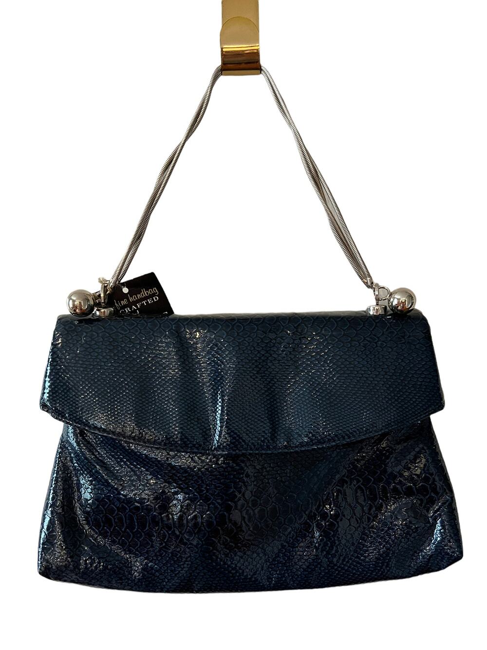 Vintage 70s blue snakeskin embossed patent leather shoulder bag